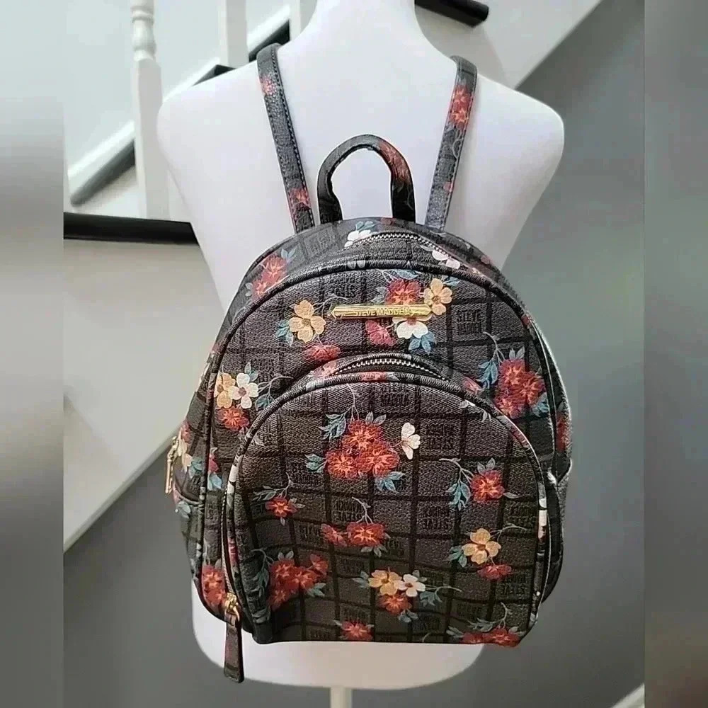 Steve Madden Backpack Purse Grey Floral Boho Adjustable Straps Small